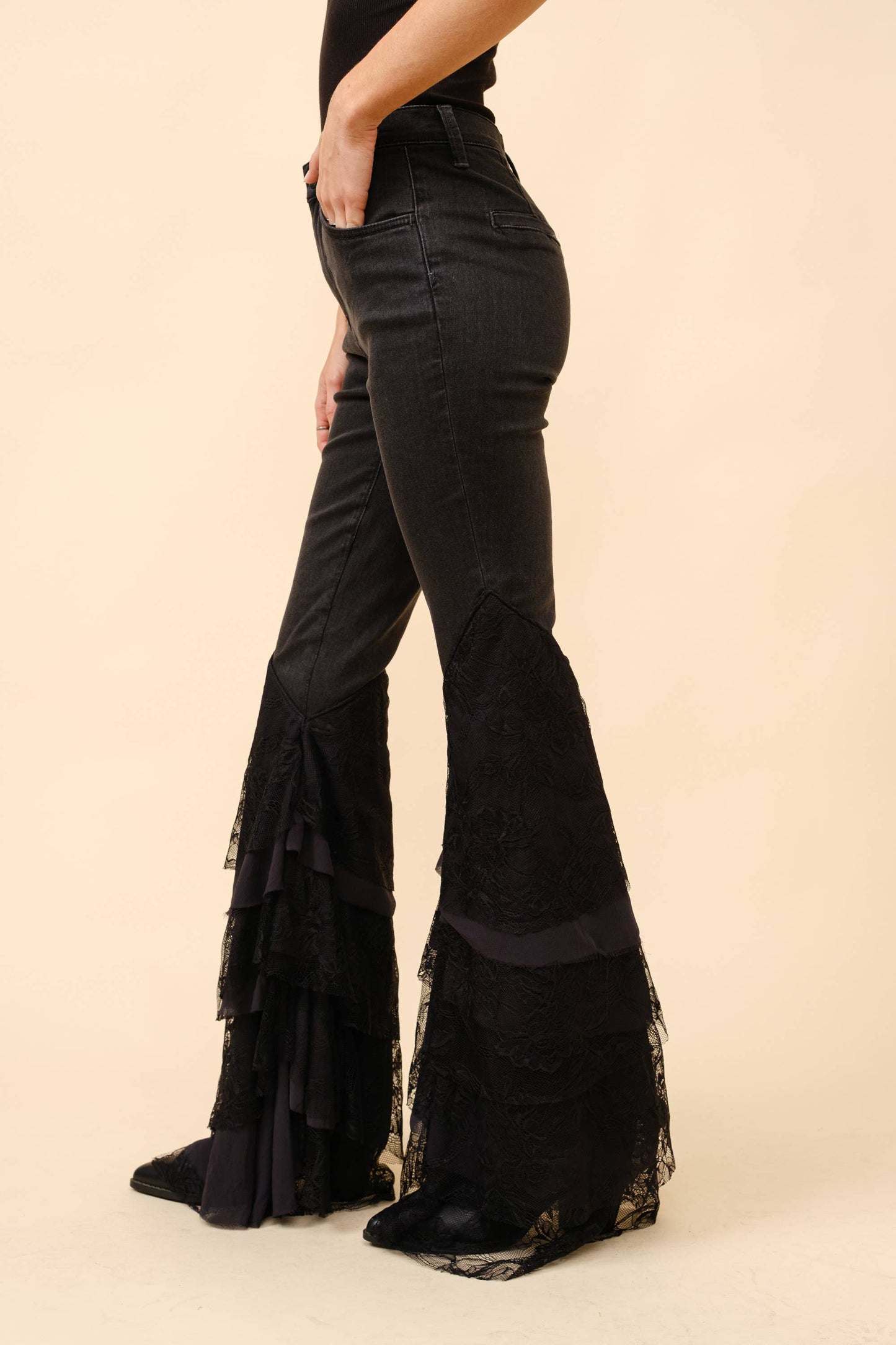 Mid Rise Lace Tiered Flare Denim Jeans - Born To Glam Born To Glam