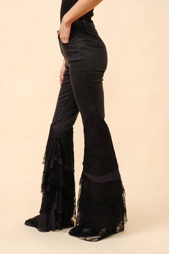 Mid Rise Lace Tiered Flare Denim Jeans - Born To Glam Born To Glam