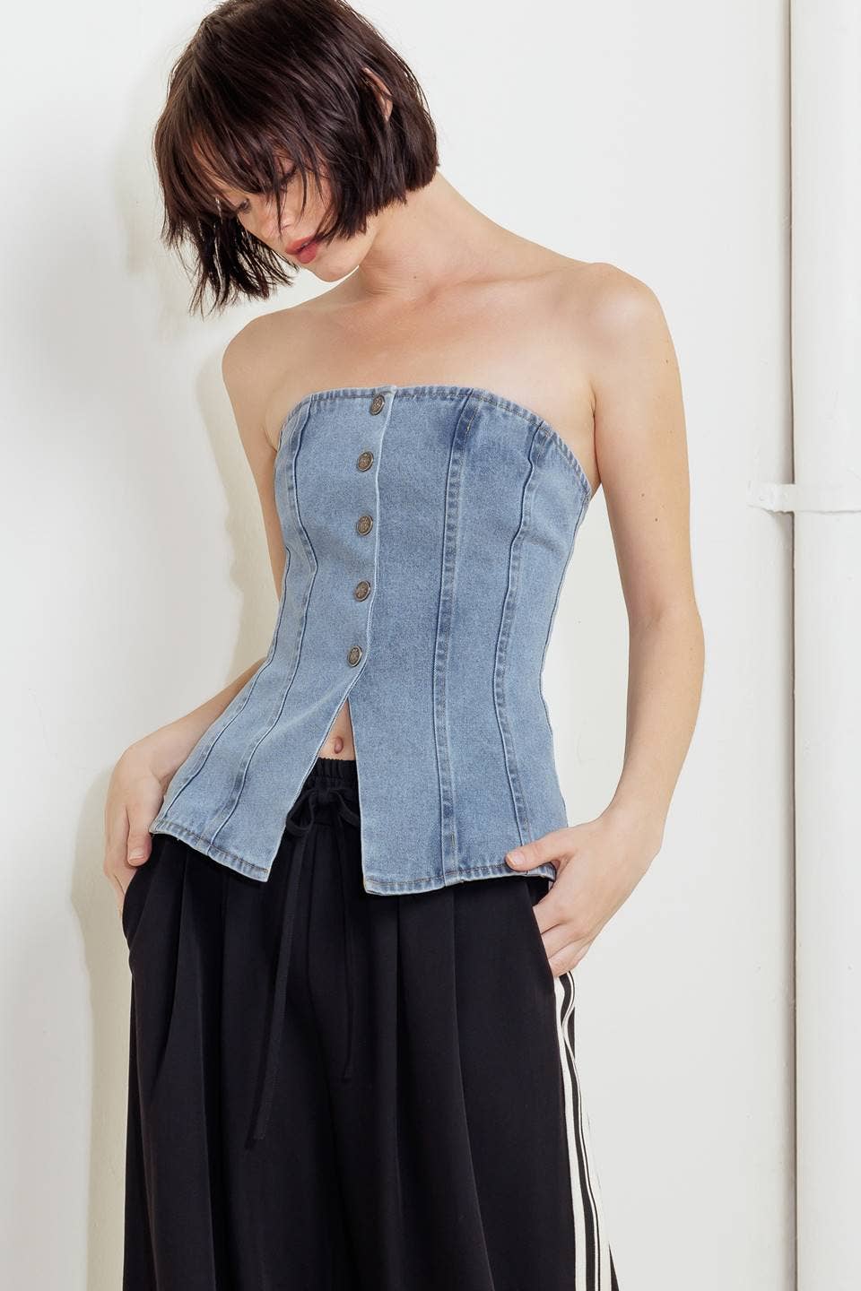 Split Hem Denim Strapless Top - Born To Glam Born To Glam