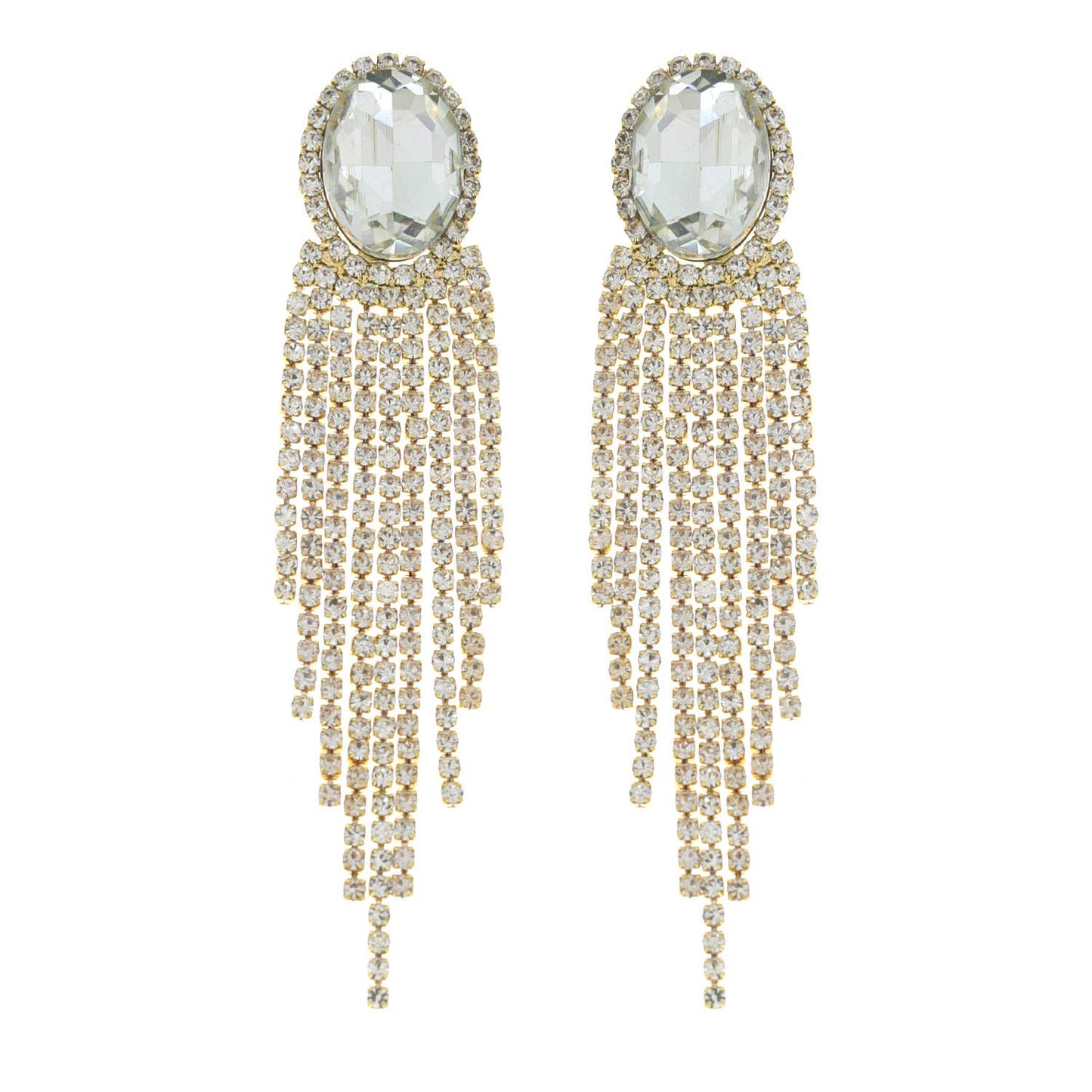 Oval Rhinestone Crystal Halo Drop Tassel Earrings - Born To Glam Born To Glam