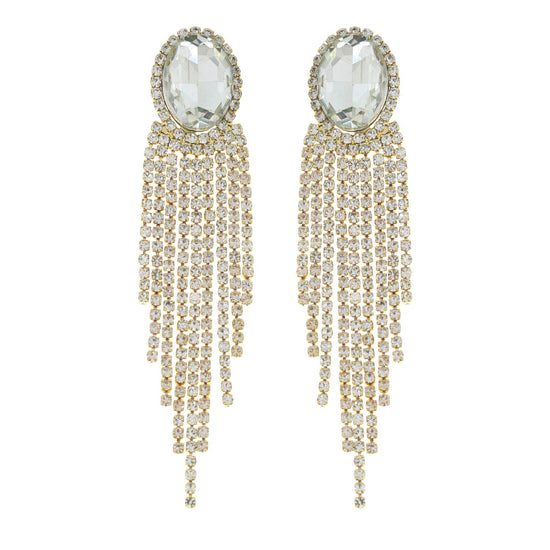 Oval Rhinestone Crystal Halo Drop Tassel Earrings - Born To Glam Born To Glam