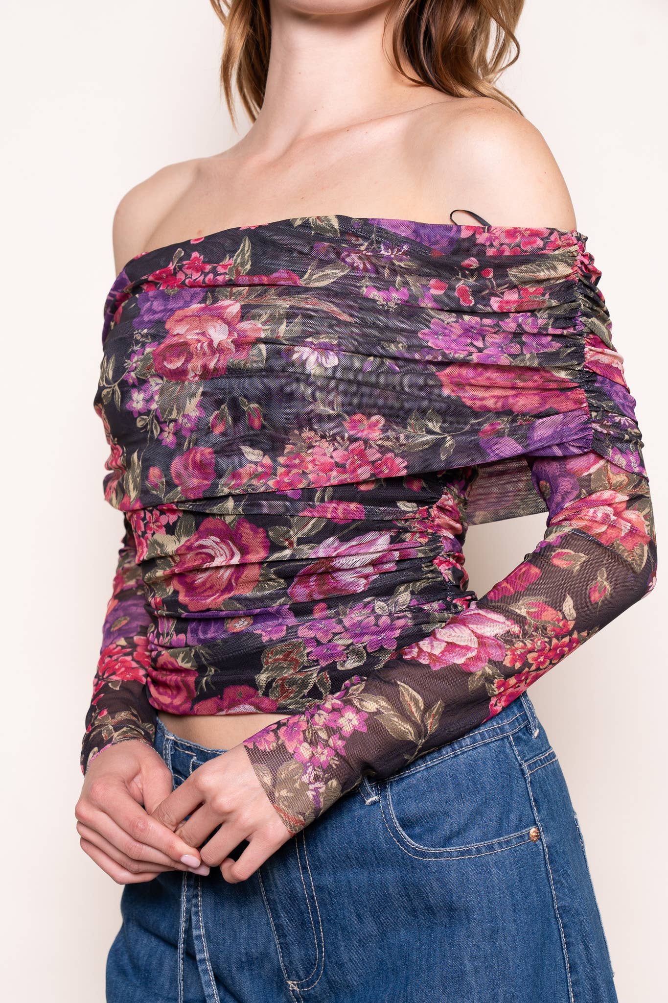 Mesh Floral Print Off The Shoulder Top - Born To Glam Born To Glam