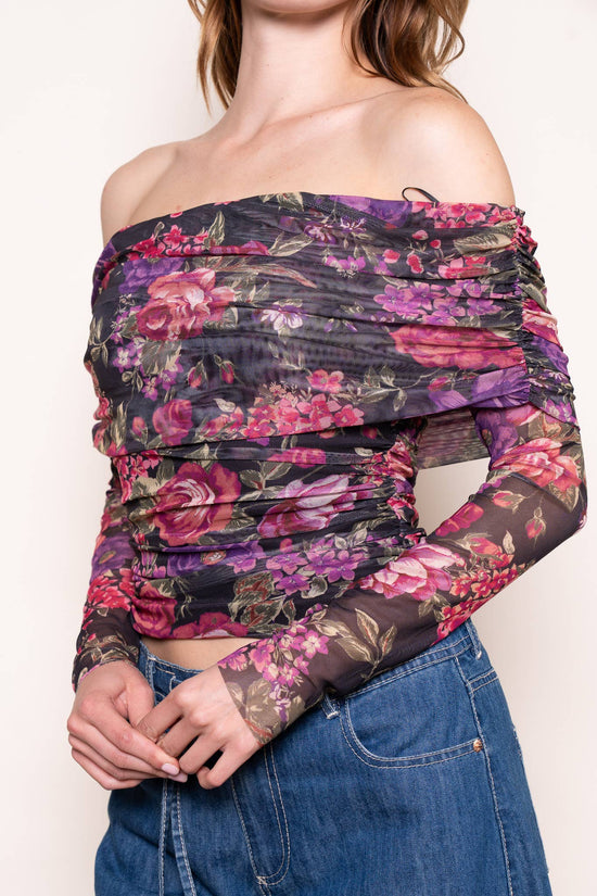 Mesh Floral Print Off The Shoulder Top - Born To Glam Born To Glam