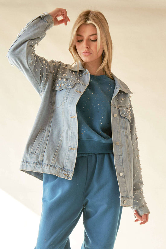 PLUS PEARL RHINESTONE DETAIL DENIM JACKET - Born To Glam Born To Glam