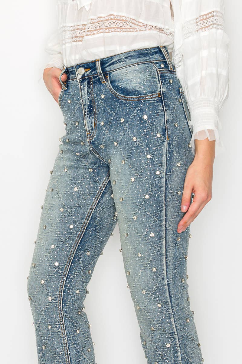 Jewel Embellished All over Rhinestone Modern Bootcut Jeans - Born To Glam Born To Glam