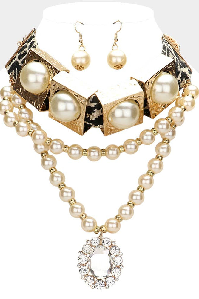 Pearl necklace and earrings set on a mannequin bust with a white background Born To Glam