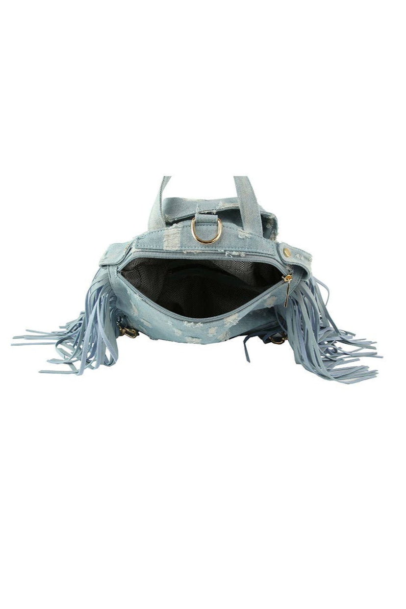 Denim fringe Motorcycle Jacket Backpack - Born To Glam Born To Glam