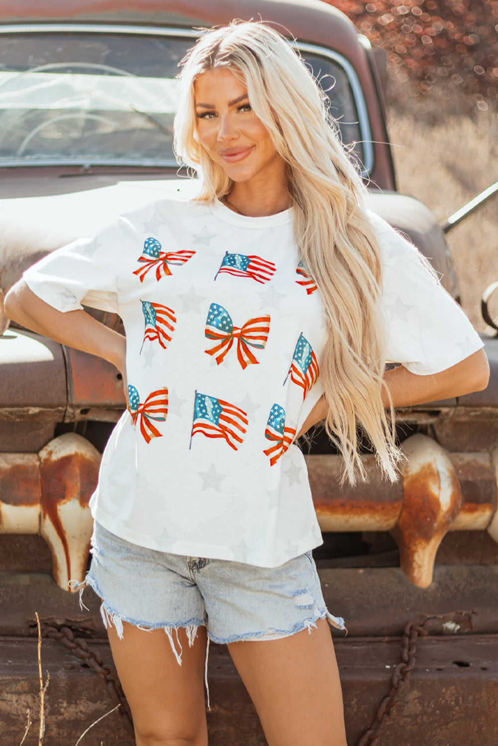 Khaki Patriotic Flag Bow Graphic Starry Round Neck T Shirt Born To Glam