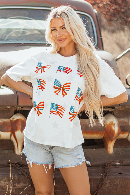 Khaki Patriotic Flag Bow Graphic Starry Round Neck T Shirt Born To Glam