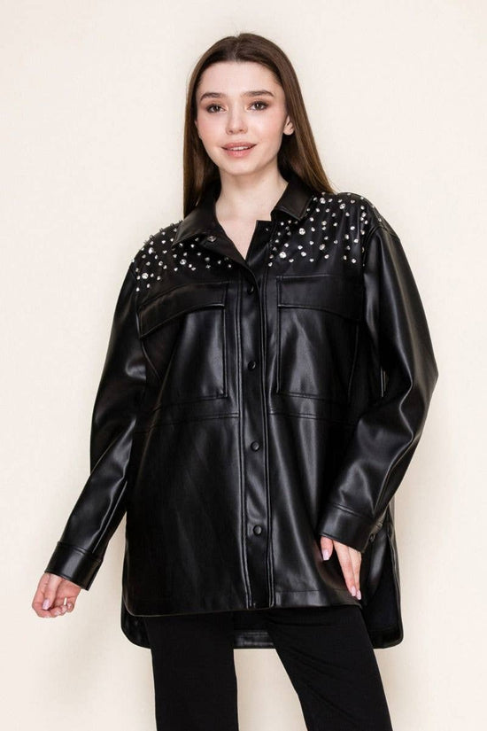 Faux Leather Rhinestone Jacket Born To Glam