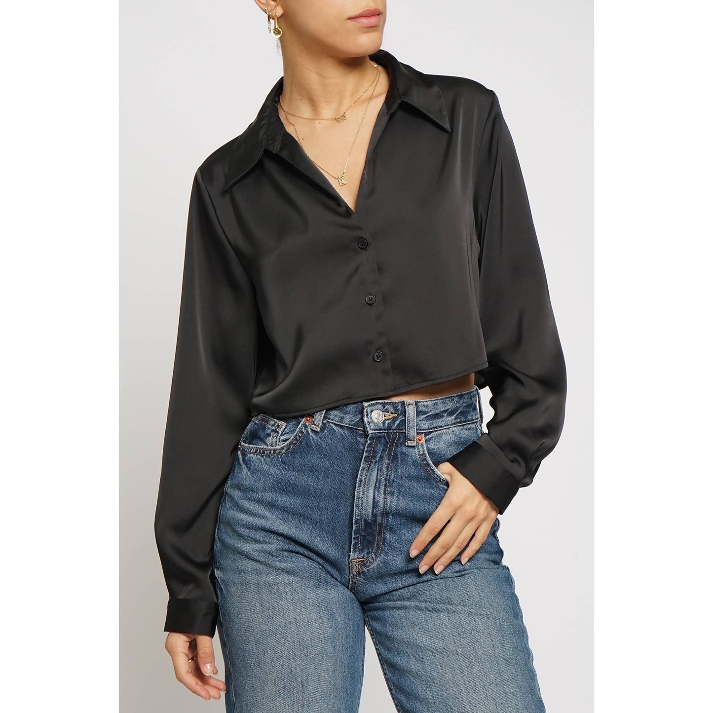 CROPPED SATIN BLOUSE: Black / S - Born To Glam Born To Glam