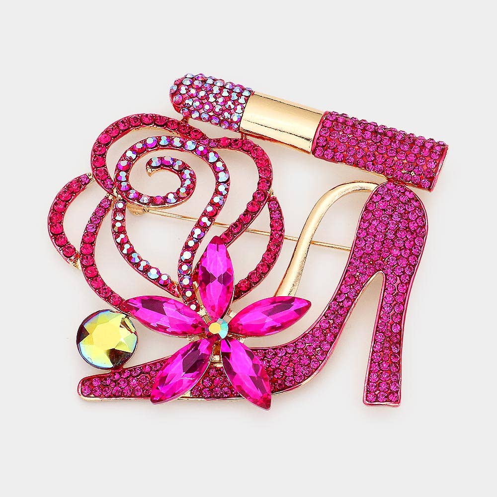 Rhinestone Pave High Heel Flower Lipstick Brooch - Born To Glam Born To Glam
