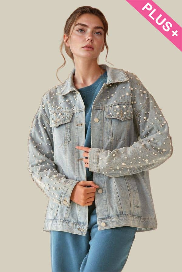 PLUS PEARL RHINESTONE DETAIL DENIM JACKET - Born To Glam Born To Glam