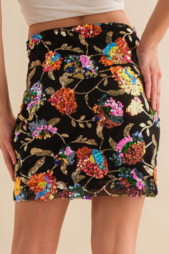 Multi Flower Sequin Mini Skirt - Born To Glam Born To Glam