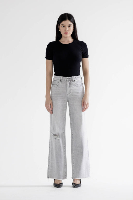 Grey Mica Denim High Rise Wide Leg With Raw Hem - Born To Glam Born To Glam