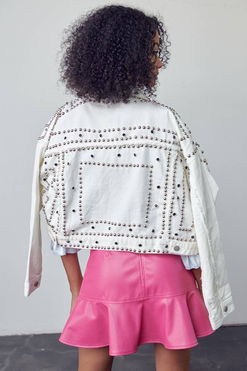White Studded Oversized Denim Jacket - Born To Glam Born To Glam