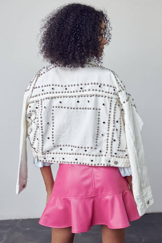 White Studded Oversized Denim Jacket - Born To Glam Born To Glam