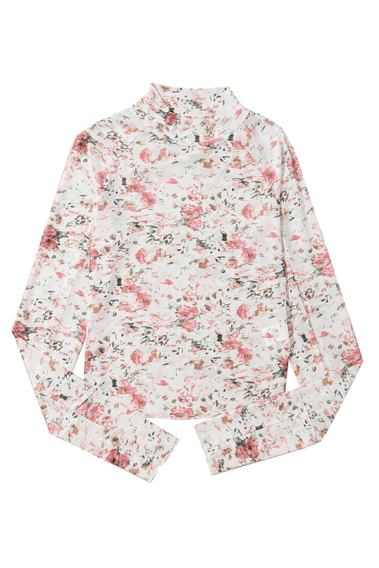 Pink Floral Long Sleeve High Neck Sheath Mesh Top - Born To Glam Born To Glam