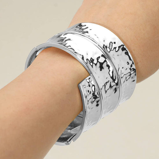 Bold Wide Textured Metal Hinged Bangle Bracelet - Born To Glam Born To Glam