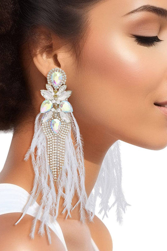 Tassel White Feather Glass Earrings - Born To Glam Born To Glam