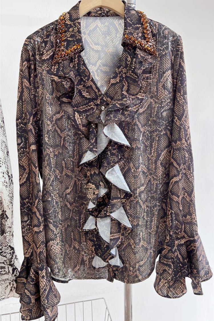 Snake Print Ruffle Blouse - Born To Glam Born To Glam