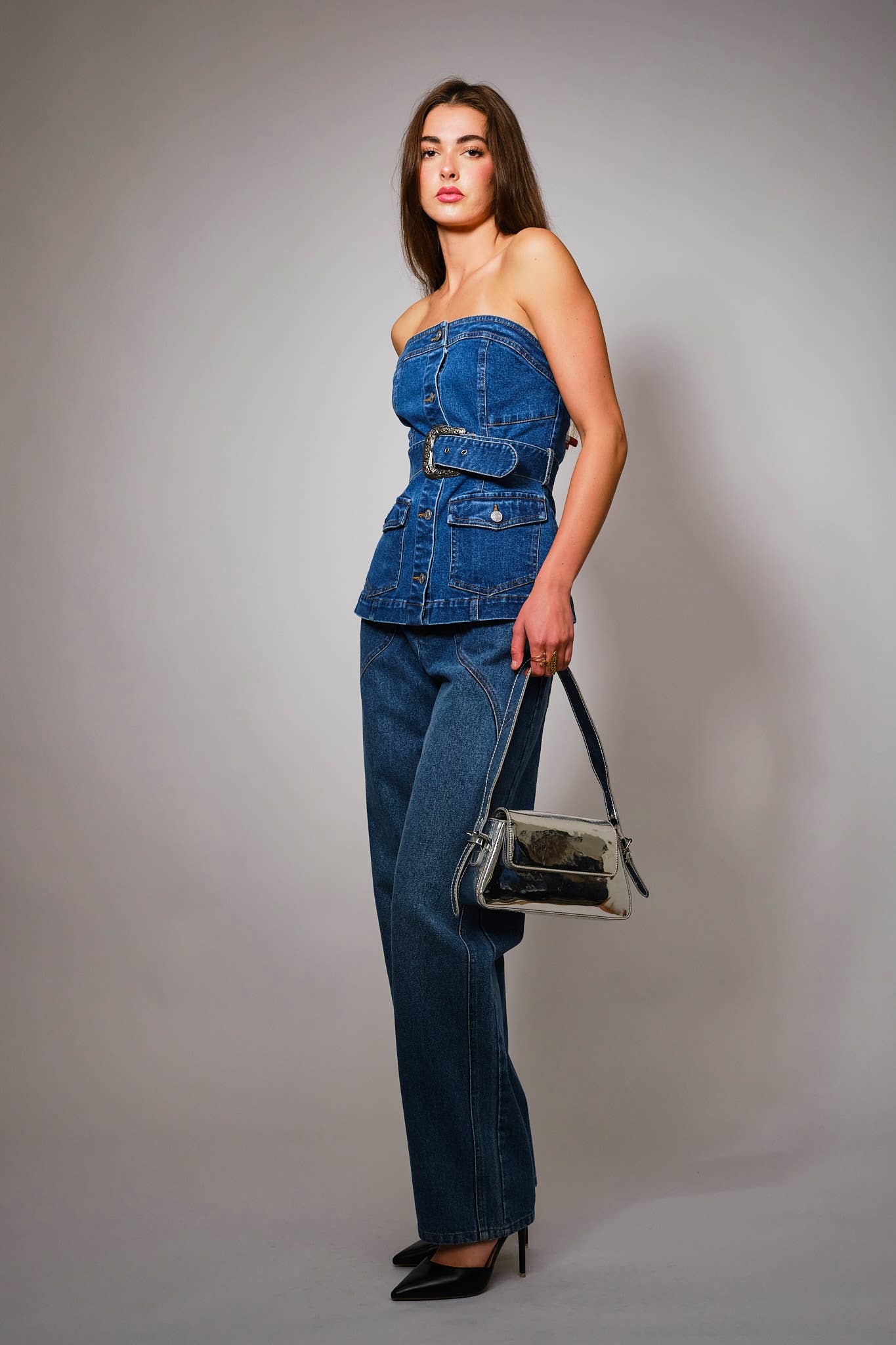Western Buckle Detailed Belted Bustier Denim Top - Born To Glam Born To Glam