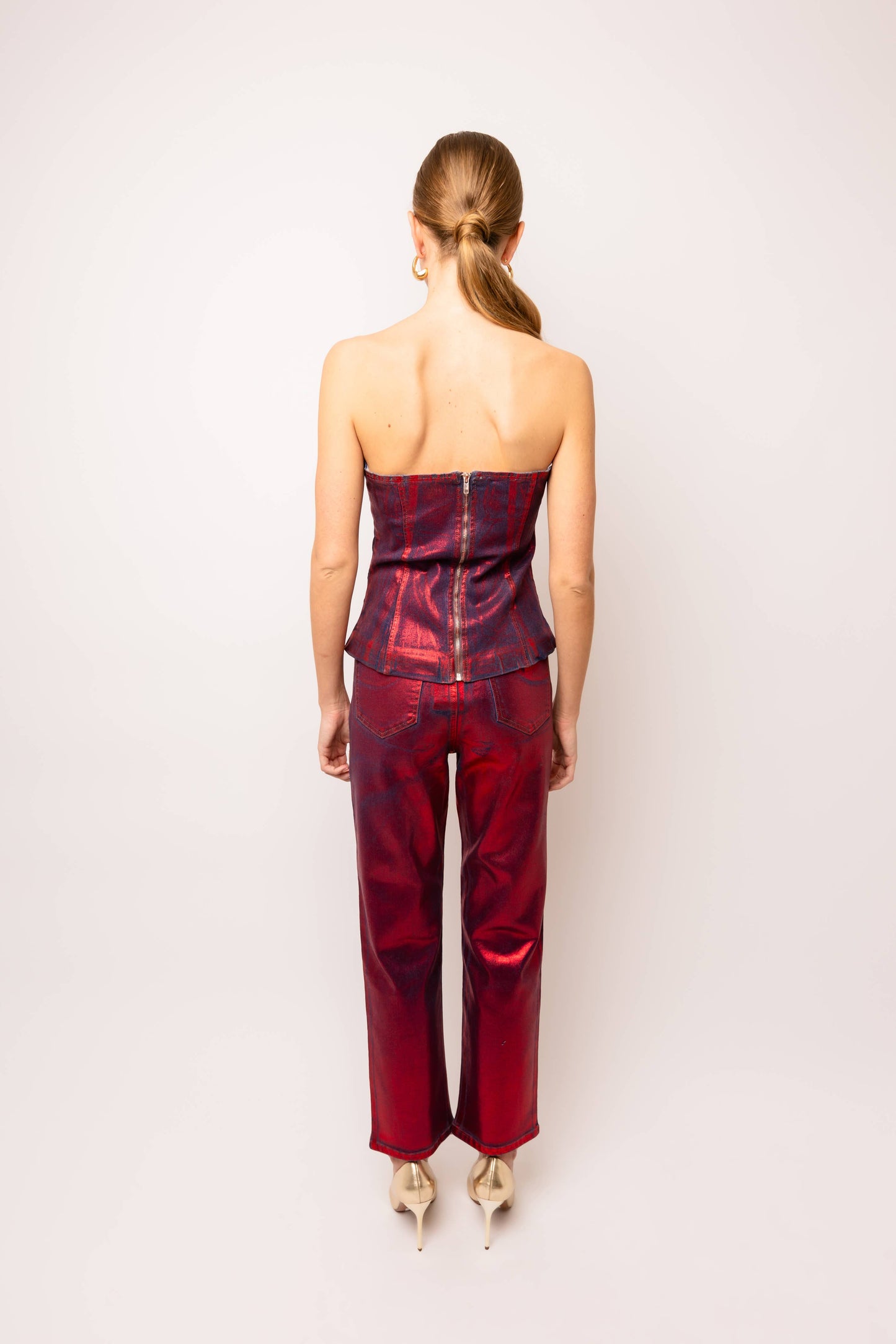 Lupe Red Denim Foil Coated Pants - Born To Glam Born To Glam