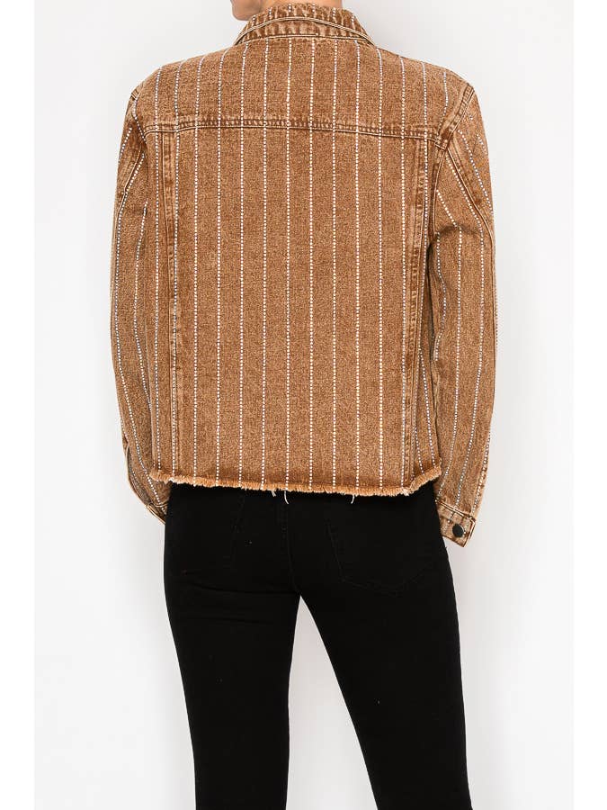 Chocolate Brown Crystal Stripe Denim Jacket - Born To Glam Born To Glam