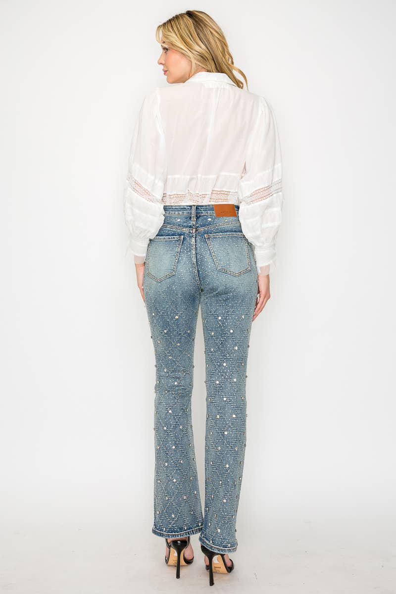 Jewel Embellished All over Rhinestone Modern Bootcut Jeans - Born To Glam Born To Glam
