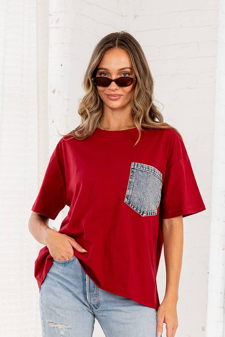 Burgundy Oversized 1/2 Sleeve Top with Front Pocket by Born To Glam Born To Glam
