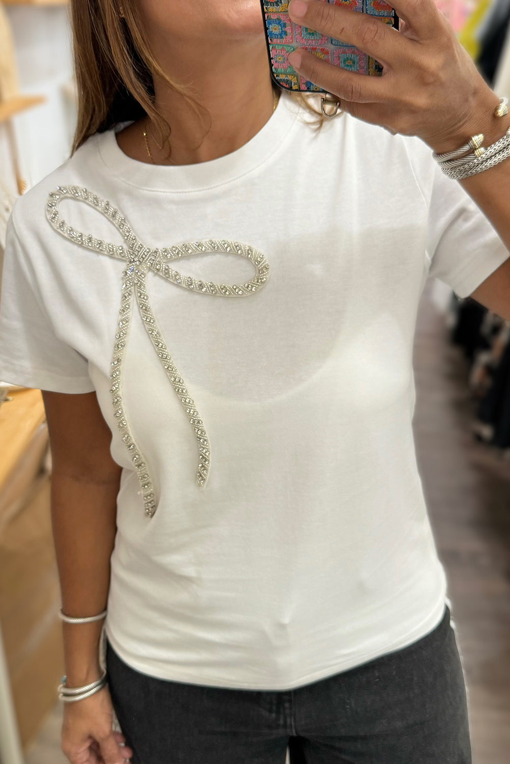 White Rhinestone Bow Embellished Round Neck Tee - Born To Glam Born To Glam