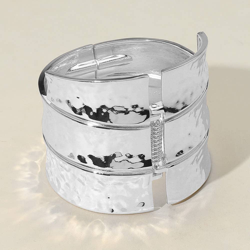 Bold Wide Textured Metal Hinged Bangle Bracelet - Born To Glam Born To Glam