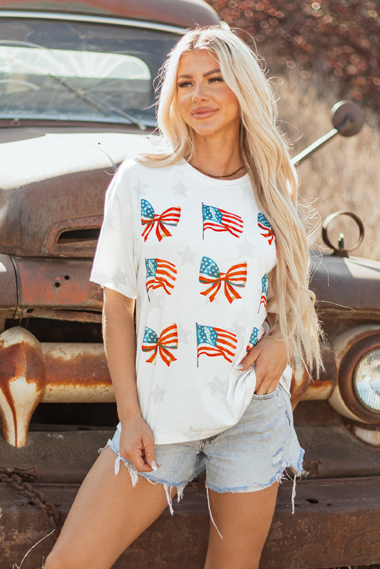 Khaki Patriotic Flag Bow Graphic Starry Round Neck T Shirt Born To Glam