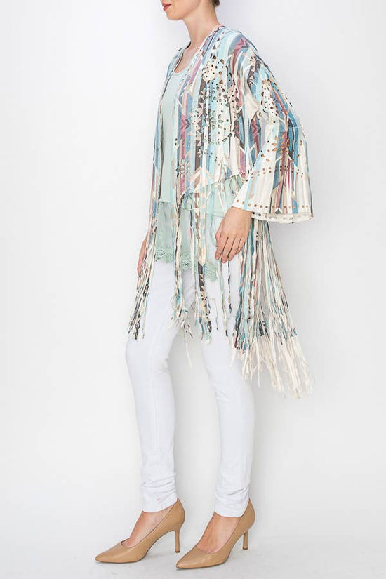 Turquoise Geo Faux Suede Fringe Cardigan - Born To Glam Born To Glam