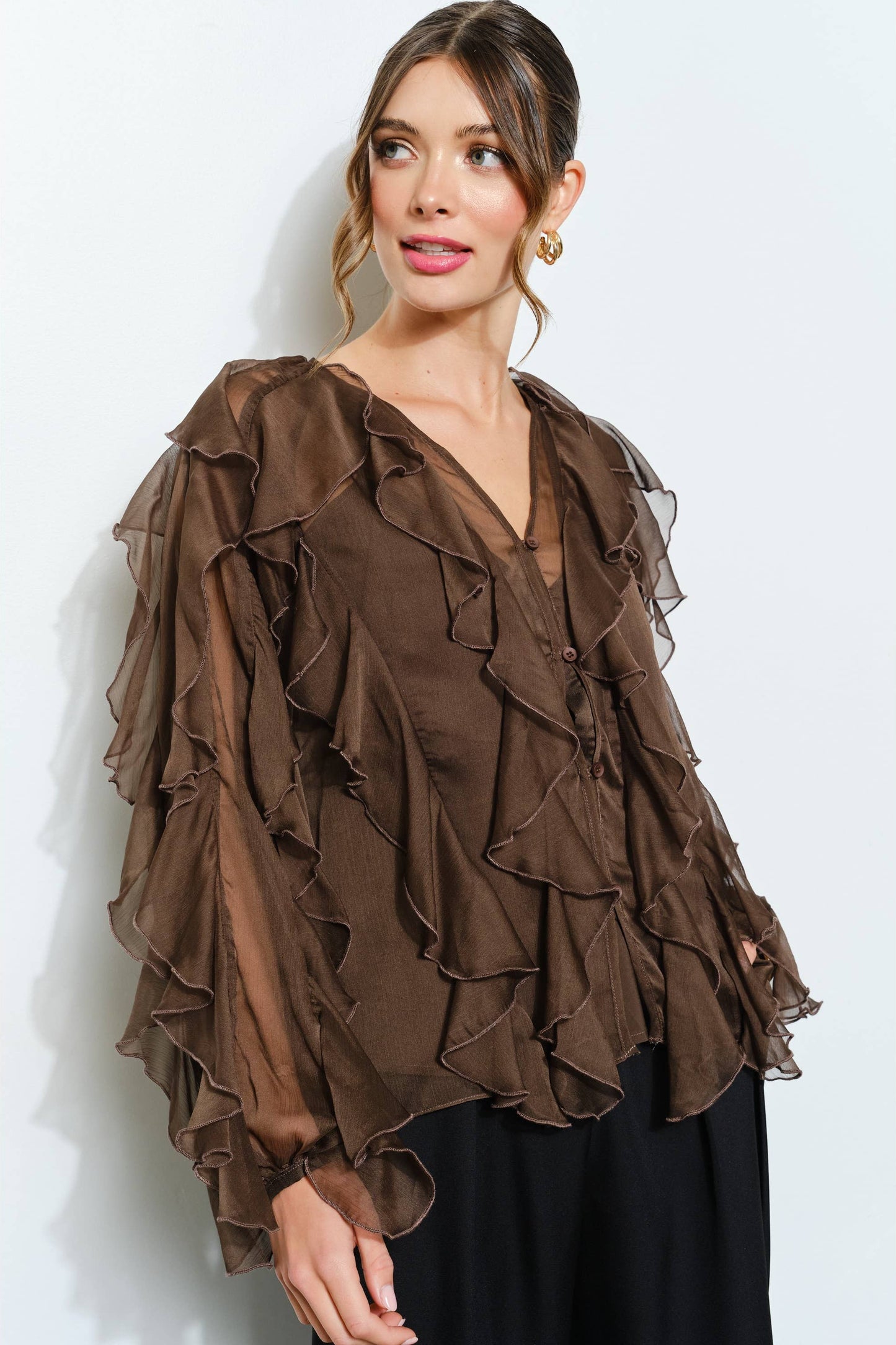 Layered Ruffle Sheer Chiffon Button-Up Blouse - Born To Glam Born To Glam