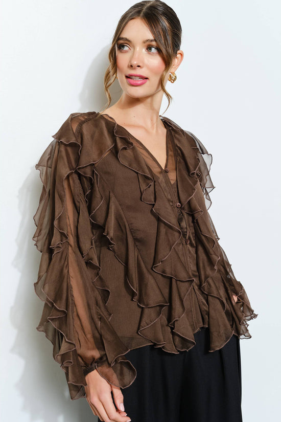 Layered Ruffle Sheer Chiffon Button-Up Blouse - Born To Glam Born To Glam
