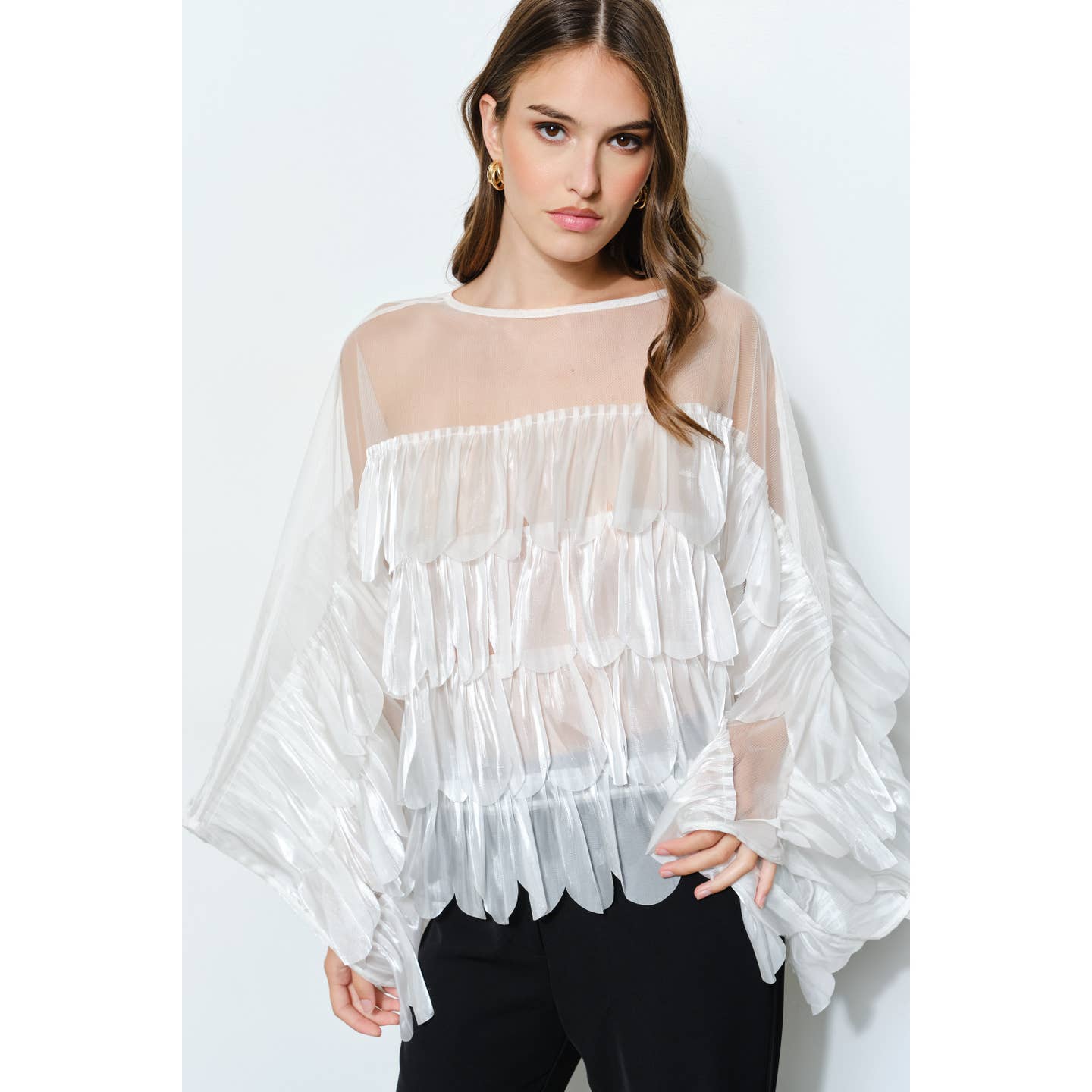White Shimmer Organza Scallop Ruffle Layered Blouse Born To Glam