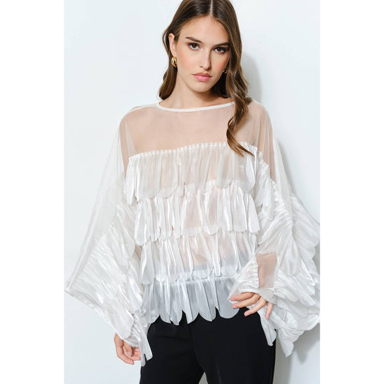 White Shimmer Organza Scallop Ruffle Layered Blouse Born To Glam