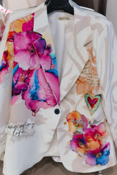 White Floral Print Graphic Blazer Born To Glam