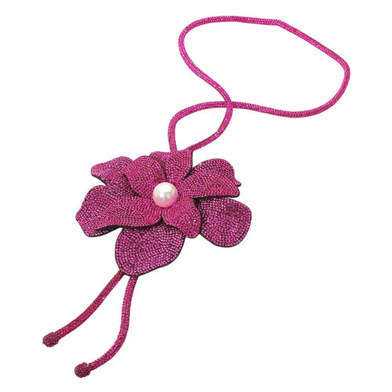 Bling Studded Flower Tie Necklace - Born To Glam Born To Glam