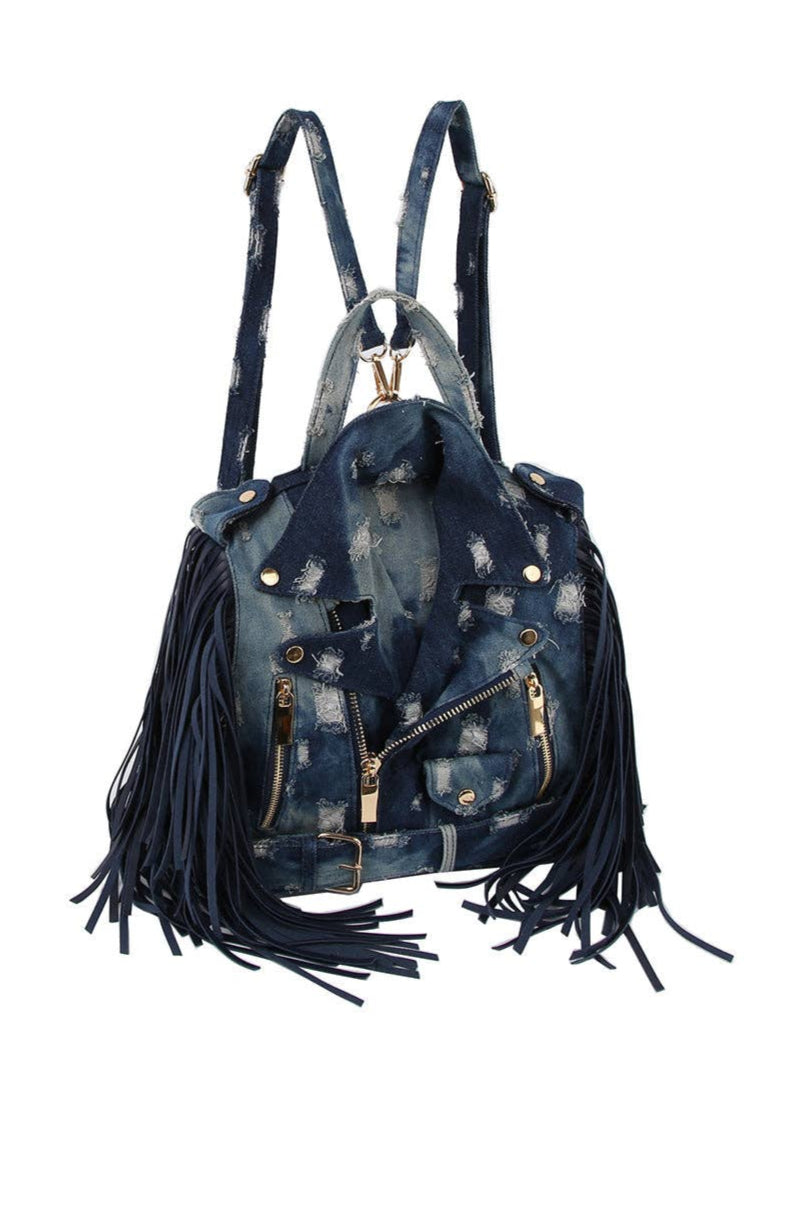 Denim fringe Motorcycle Jacket Backpack - Born To Glam Born To Glam