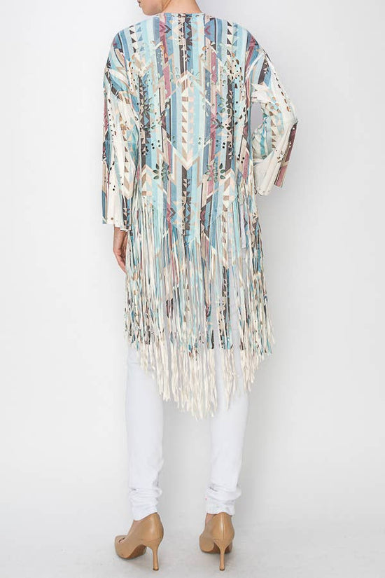 Turquoise Geo Faux Suede Fringe Cardigan - Born To Glam Born To Glam