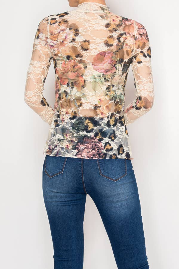 Sheer Flower Lace Mesh Long Sleeve Top – OLS-4865BG-LEO FL - Born To Glam Born To Glam