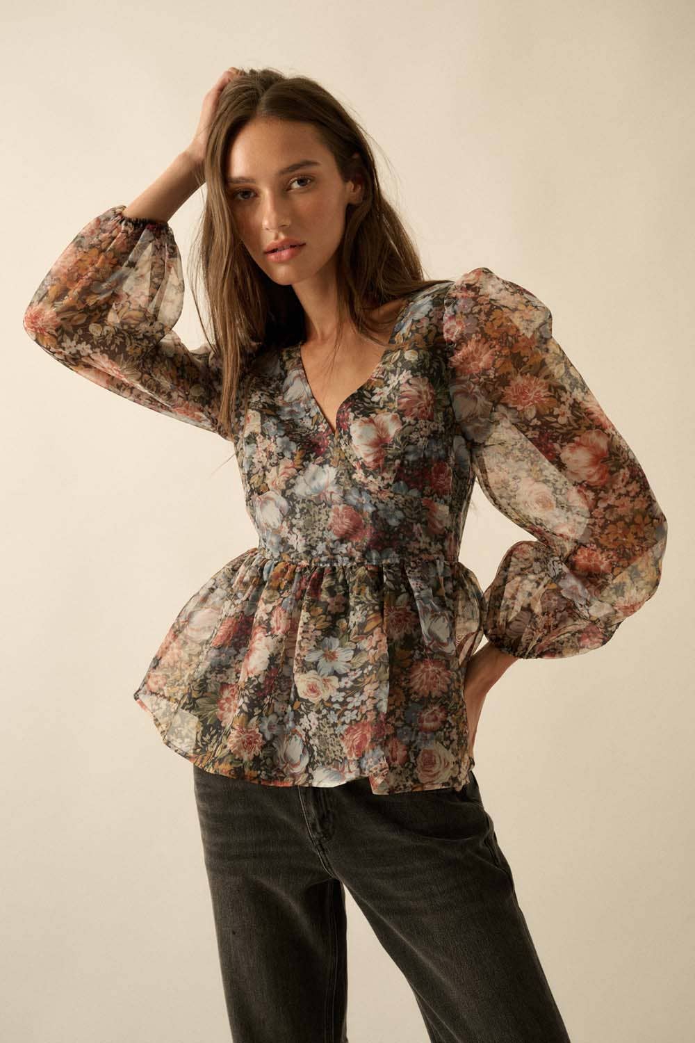 Floral-Print Organza Puff-Sleeve Peplum Top - Born To Glam Born To Glam
