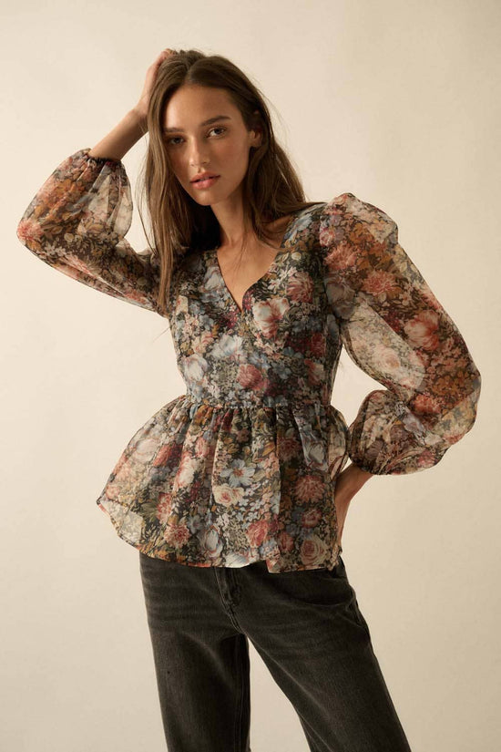 Floral-Print Organza Puff-Sleeve Peplum Top - Born To Glam Born To Glam