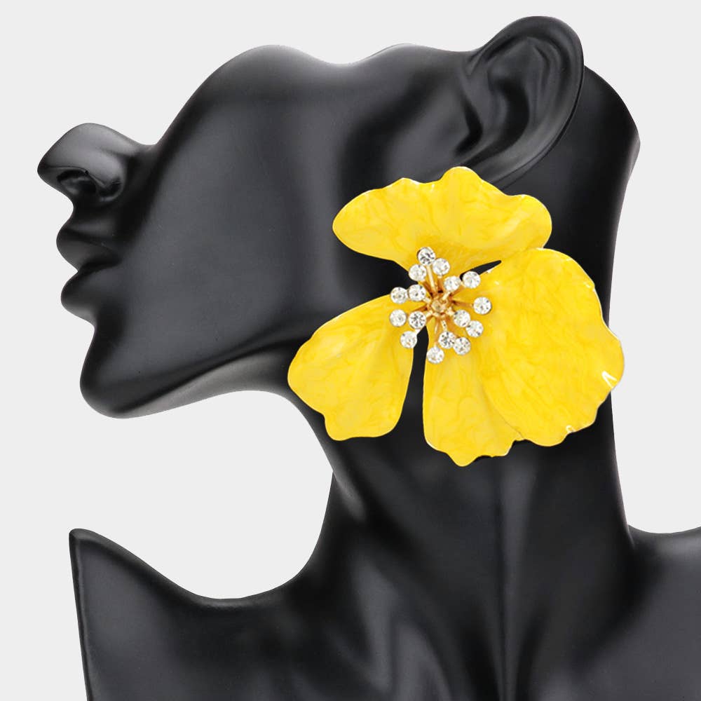 Oversized Stone Bud Enamel Petal Flower Earrings - Born To Glam Born To Glam