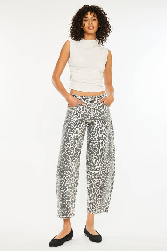 High Rise Leopard Barrel Jeans - Born To Glam Born To Glam