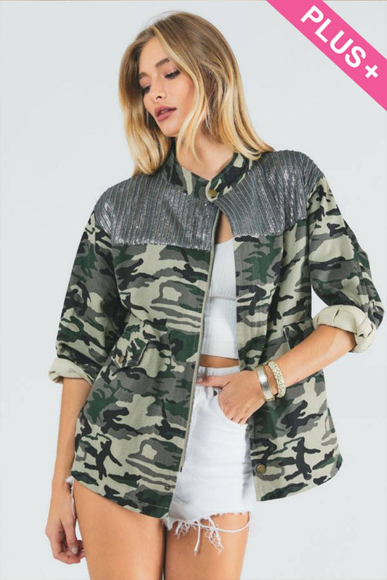 Camo Sequined Long Sleeve Button Jacket - Born To Glam Born To Glam