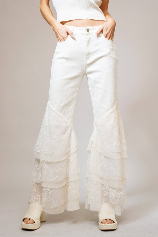 Mid Rise Lace Tiered Flare Denim Jeans - Born To Glam Born To Glam