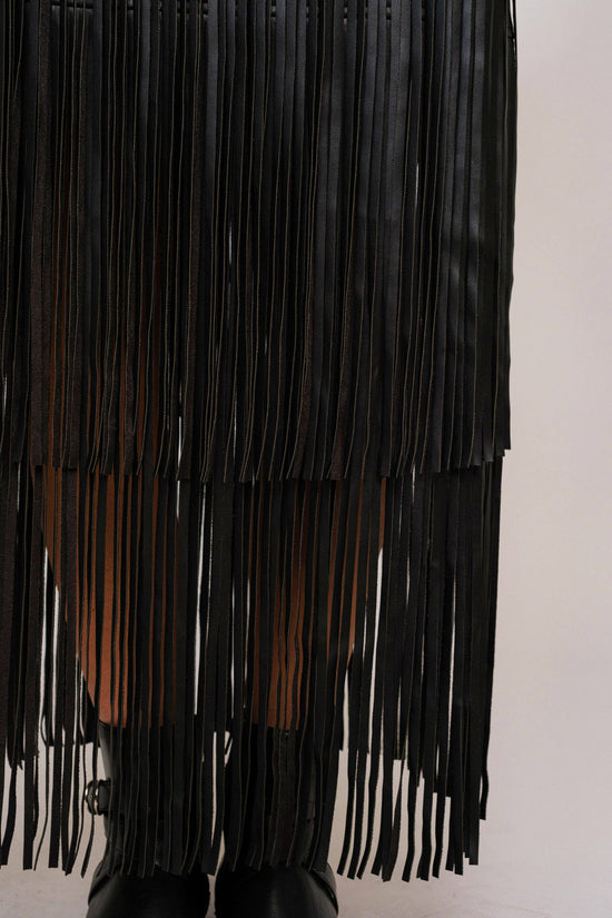 Black Faux Leather Tiered Fringe Maxi Skirt - Born To Glam Born To Glam